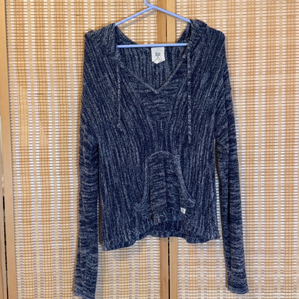 Billabong Navy White Marled Knit Hooded Sweater V-Neck Pullover Medium Bec